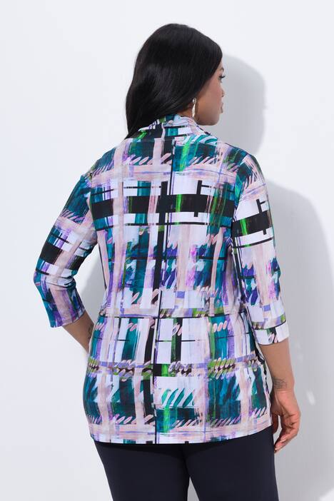 Maglia in tessuto fluente con quadri, scollo a goccia e maniche a 3/4