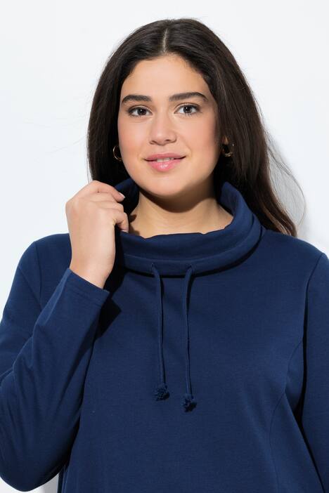 Longsweater, volant, opstaande kraag, lange mouwen, zakken
