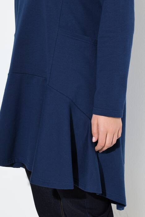 Longsweater, volant, opstaande kraag, lange mouwen, zakken