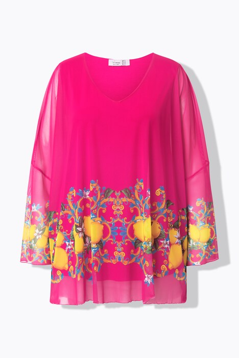 Blouse en tulle oversize, bordure imprimé citrons