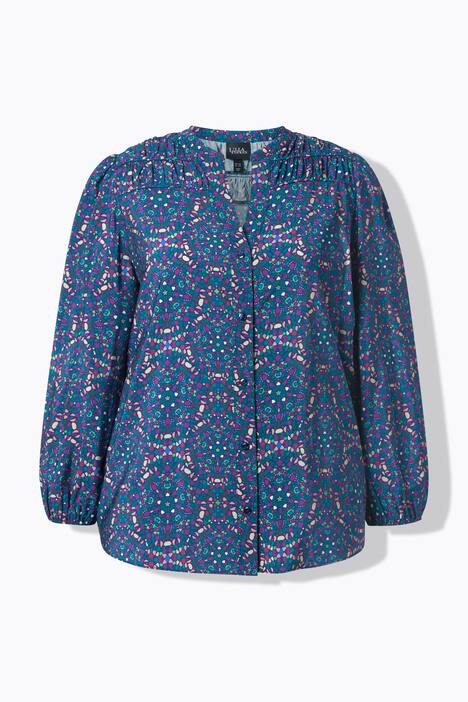 Blouse, sierpas, A-lijn, tuniekhals, siernaden, lange mouwen