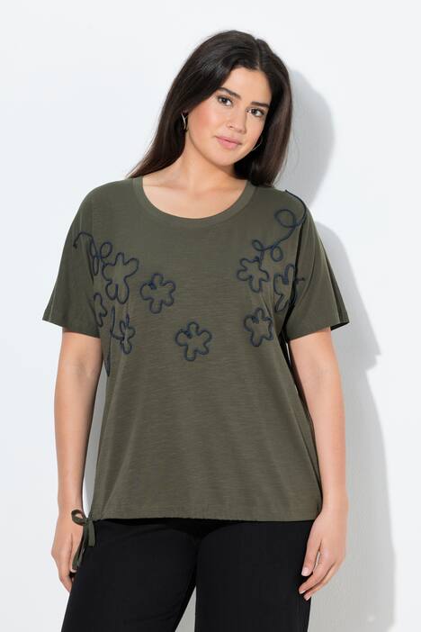 T-skjorte, blomster, oversized, rund hals, langermet, kantbånd