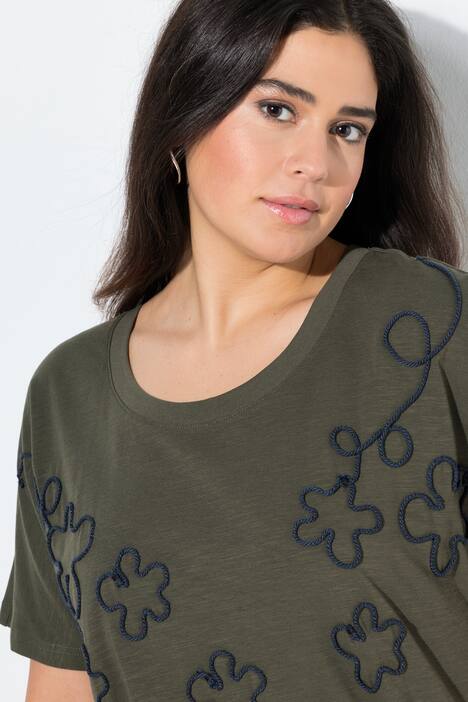 T-skjorte, blomster, oversized, rund hals, langermet, kantbånd