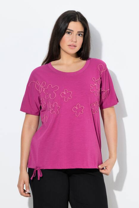 T-skjorte, blomster, oversized, rund hals, langermet, kantbånd