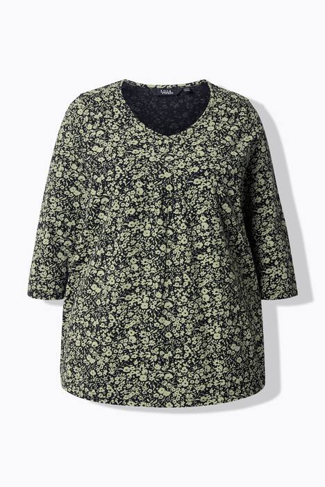 Shirt, bloemen, sierplooien, A-lijn, V-hals, 3/4-mouwen