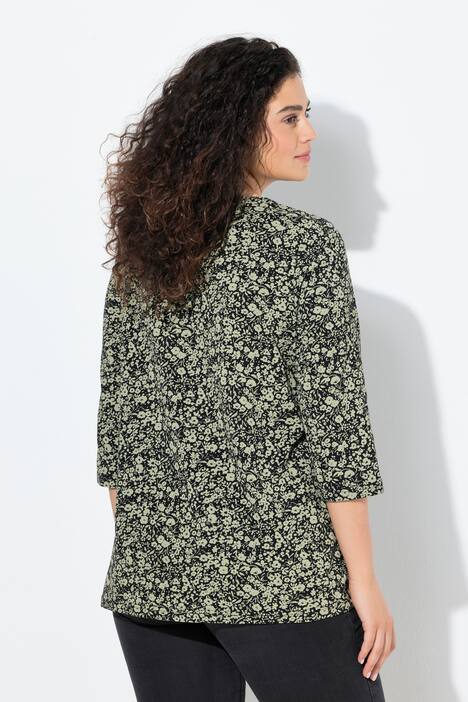 Shirt, bloemen, sierplooien, A-lijn, V-hals, 3/4-mouwen