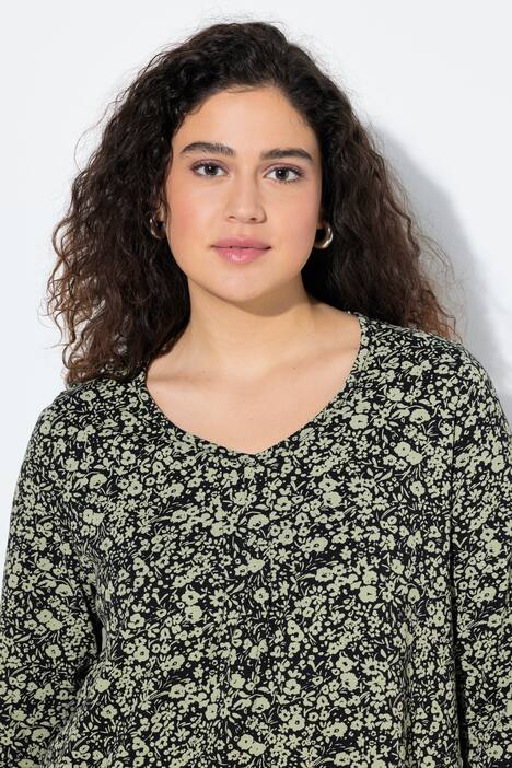 Shirt, bloemen, sierplooien, A-lijn, V-hals, 3/4-mouwen