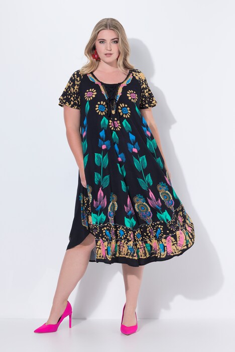 Vestido, forma en A, mezcla de estampados de flores
