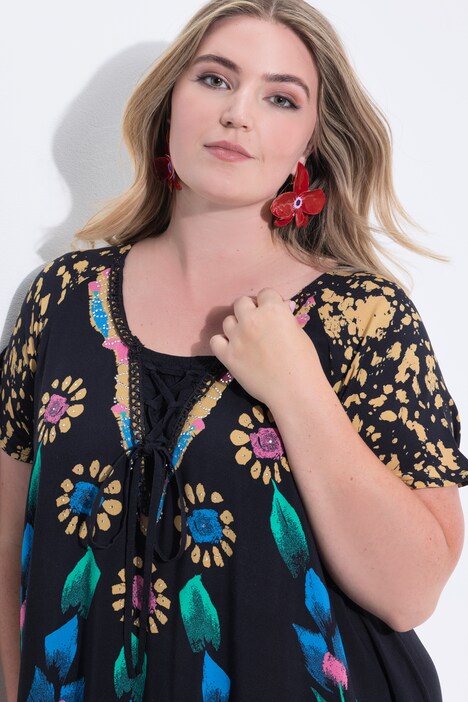 Vestido, forma en A, mezcla de estampados de flores