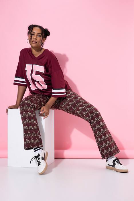 Uitlopende broek, flared pijpen, jacquardmotief, glitter