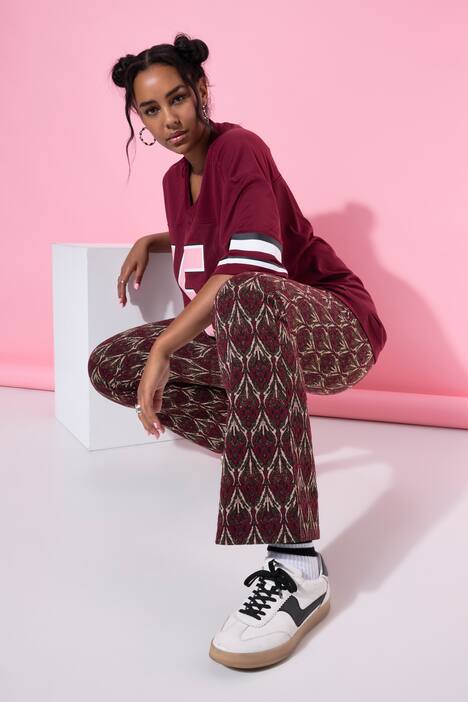 Uitlopende broek, flared pijpen, jacquardmotief, glitter