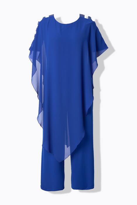 Jumpsuit, eendelig, jersey, chiffon overlay, wijde pijp