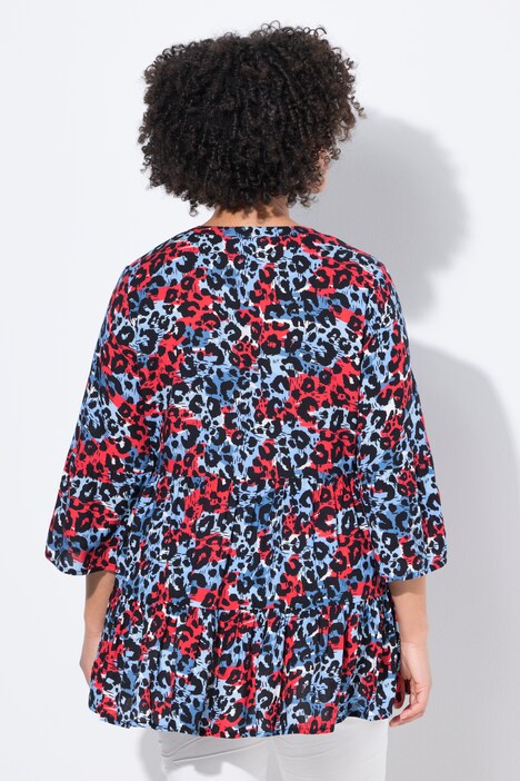 Blusa, forma en A, estampado de leopardo de color, volantes