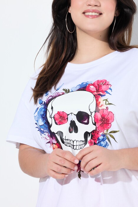 T-shirt coupe Boxy Fit, motif tête de mort/fleurs