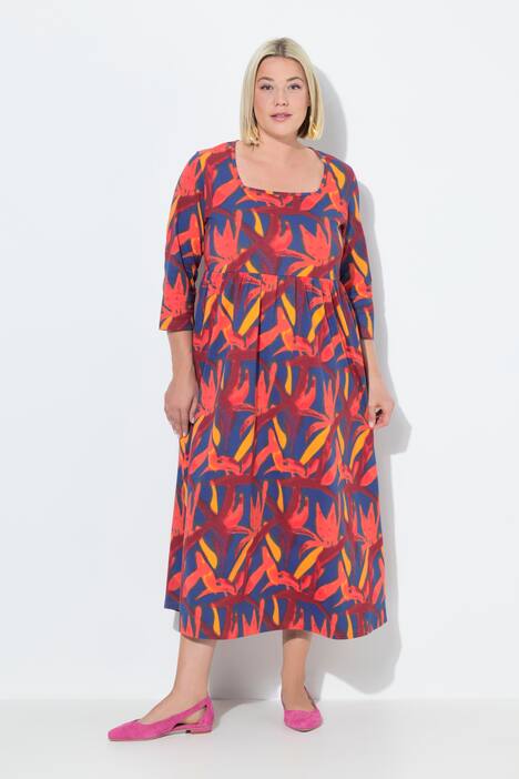 Jersey jurk, A-lijn, carréhals, 3/4-mouw