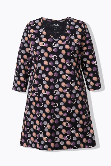 T-shirt long, motif à pois. Col en V et manches 3/4. Coupe évasée
