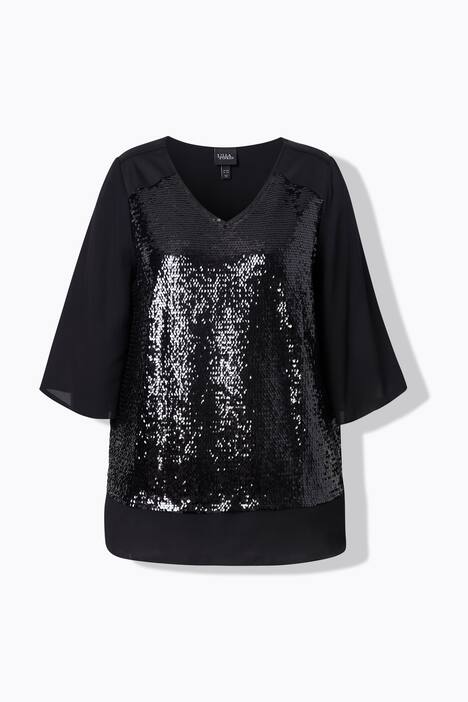 Blusa di chiffon dal taglio svasato con paillettes, scollo a V e maniche a 3/4
