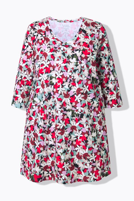 Longshirt, bloemen, A-lijn, V-hals, 3/4-mouwen