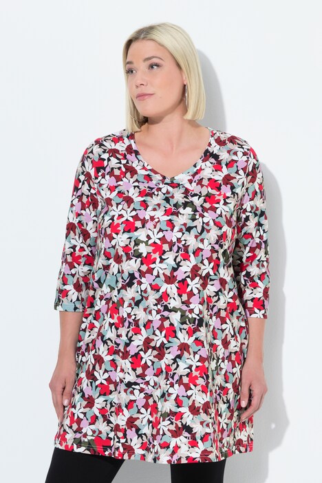 Longshirt, bloemen, A-lijn, V-hals, 3/4-mouwen