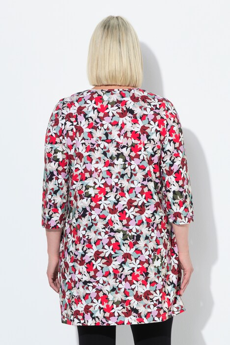 Longshirt, bloemen, A-lijn, V-hals, 3/4-mouwen