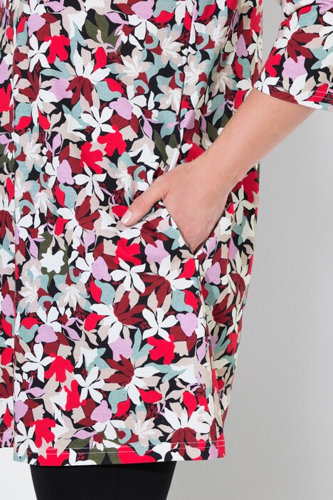 Longshirt, bloemen, A-lijn, V-hals, 3/4-mouwen