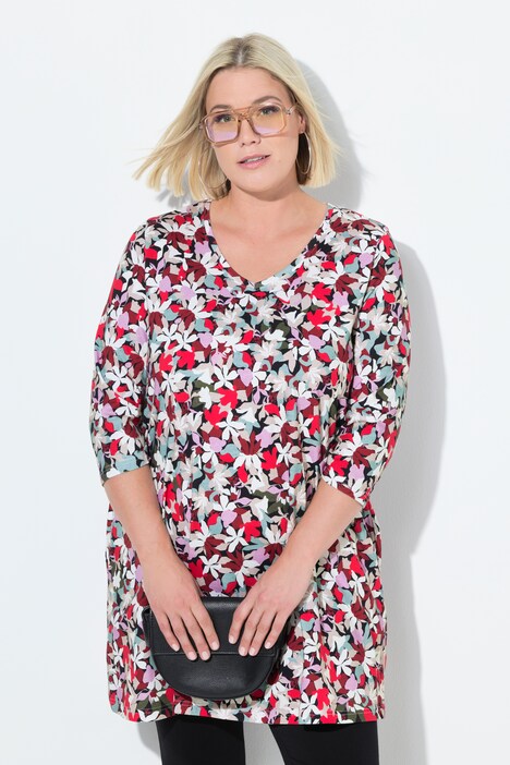 Longshirt, bloemen, A-lijn, V-hals, 3/4-mouwen