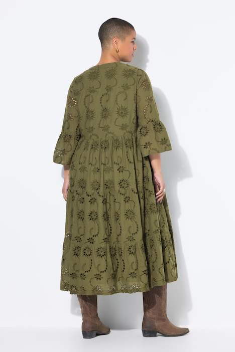 Maxi-jurk, opengewerkt borduursel, volants, 3/4-mouw