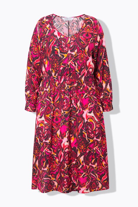 Midi-jurk, A-lijn, all-over print, lange raglanmouwen
