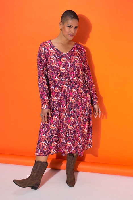 Midi-jurk, A-lijn, all-over print, lange raglanmouwen