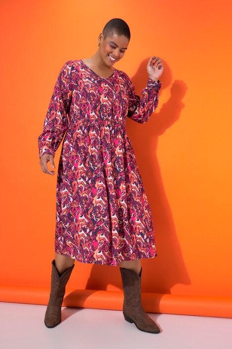 Midi-jurk, A-lijn, all-over print, lange raglanmouwen
