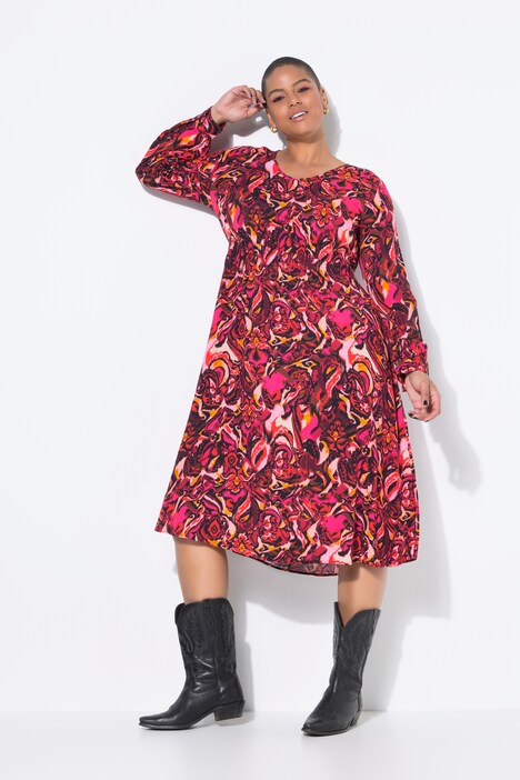 Midi-jurk, A-lijn, all-over print, lange raglanmouwen