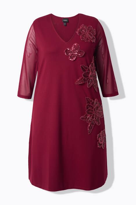 Sequined Flower Applique 3/4 Sleeve Dress