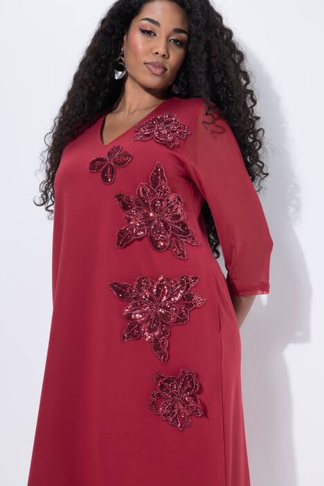 Sequined Flower Applique 3/4 Sleeve Dress