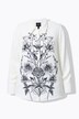 Blusa classica in raso con fiori, colletto da camicia e maniche lunghe