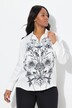 Blusa classica in raso con fiori, colletto da camicia e maniche lunghe