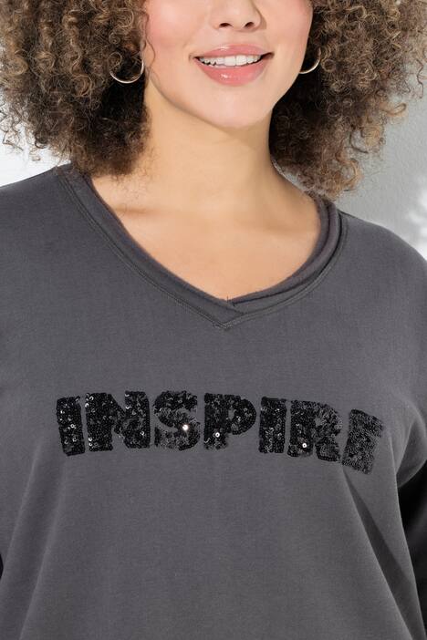 Sweat-shirt à encolure en V et manches longues, message imprimé avec paillettes