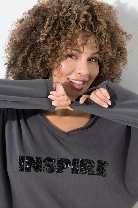 Sweat-shirt à encolure en V et manches longues, message imprimé avec paillettes