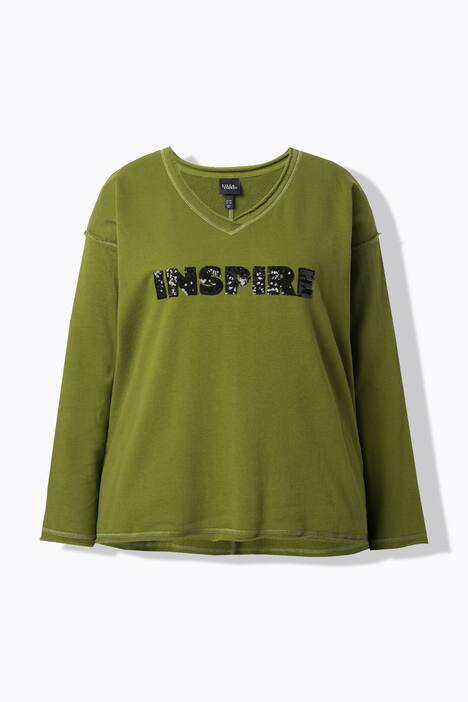 Sweat-shirt à encolure en V et manches longues, message imprimé avec paillettes