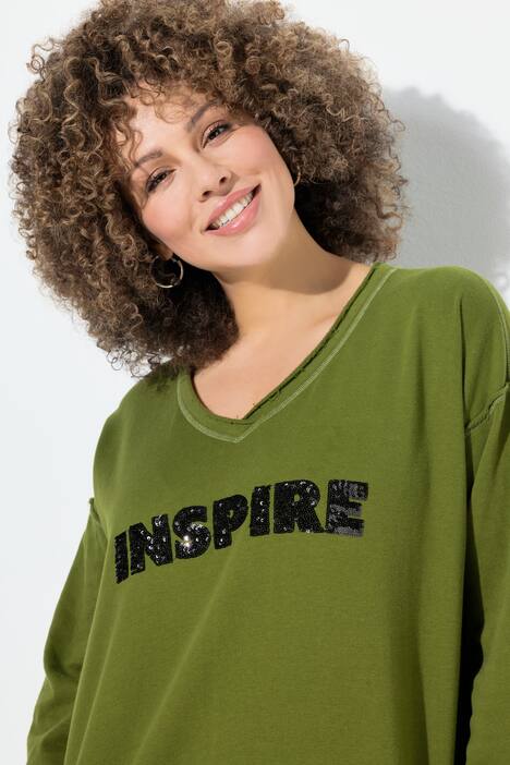 Sweat-shirt à encolure en V et manches longues, message imprimé avec paillettes