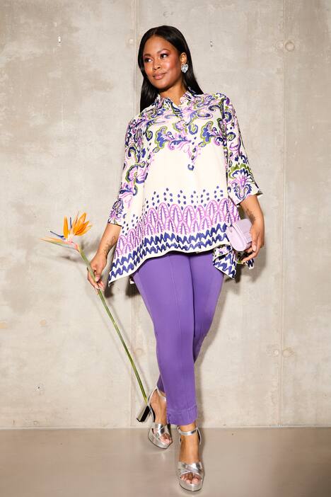 Blusa, Paisley, forma en A, cuello camisero, manga 3/4