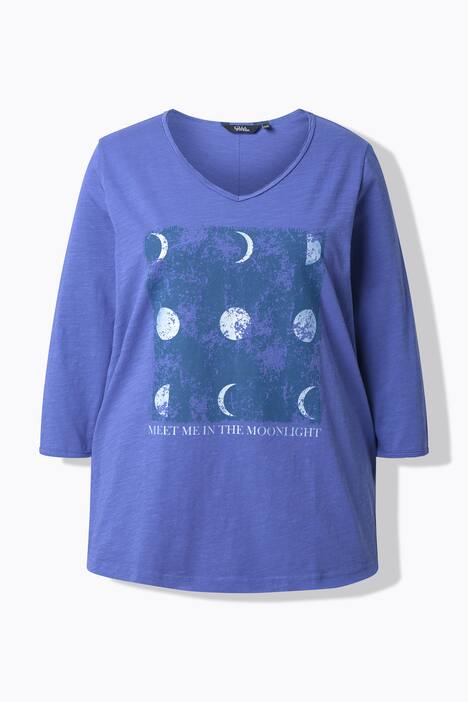 T-shirt imprimé métallisé à col en V et manches 3/4, coupe évasée