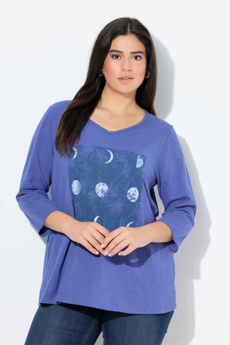 T-shirt imprimé métallisé à col en V et manches 3/4, coupe évasée