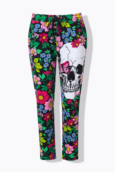 Joggingbroek, rechte pijp, bloemen/doodshoofd
