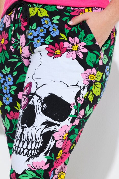 Joggingbroek, rechte pijp, bloemen/doodshoofd