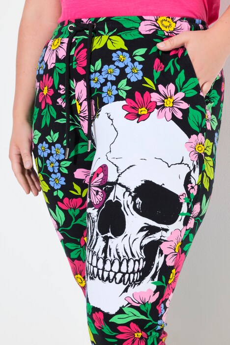 Joggingbroek, rechte pijp, bloemen/doodshoofd