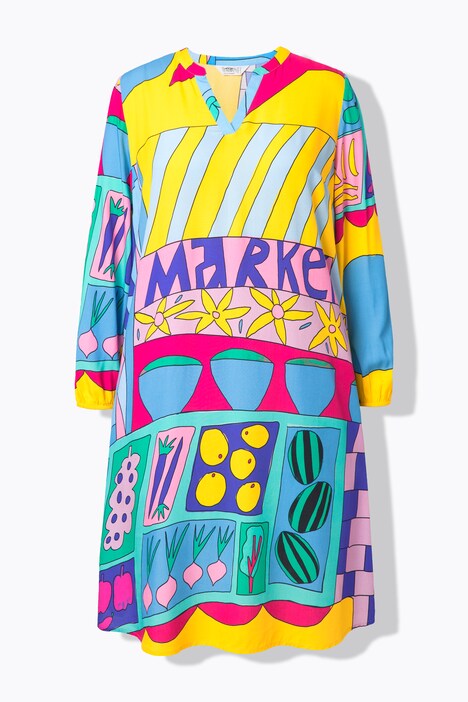 Robe midi évasée à manches longues, imprimé all-over