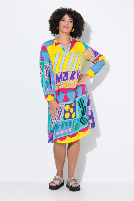 Robe midi évasée à manches longues, imprimé all-over