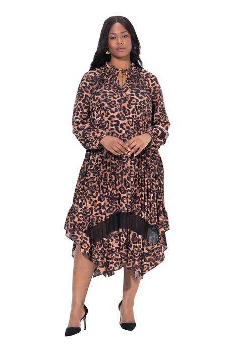 Plisované šaty, leopardí design, tunikový výstřih, dlouhé rukávy