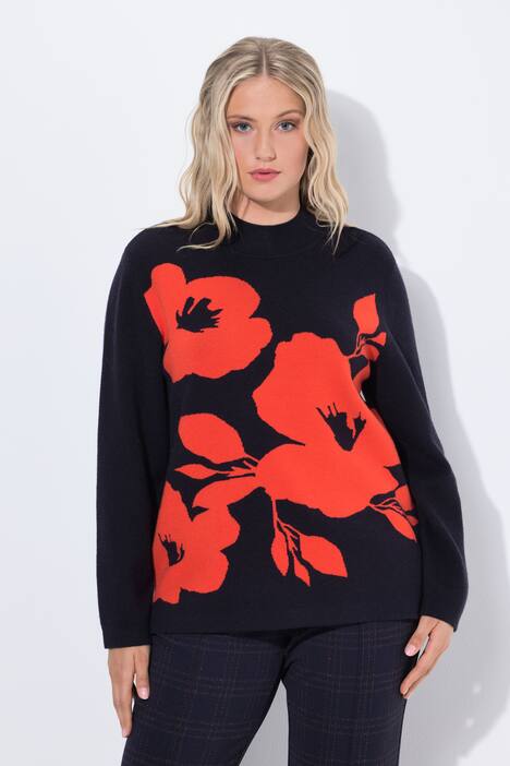 Pull, fleurs, oversize, col montant, manches longues