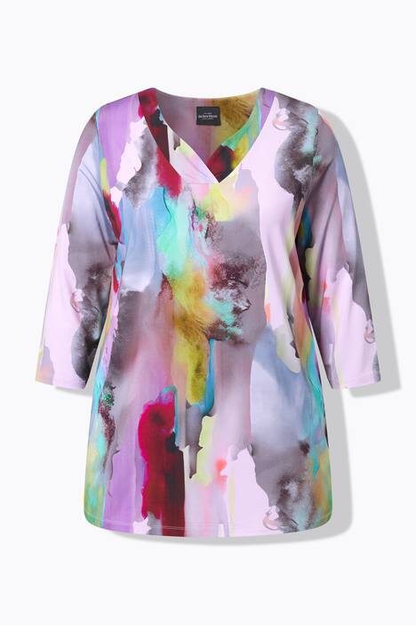 Slinkyshirt, akvarel-design, V-udskæring, 3/4 ærme